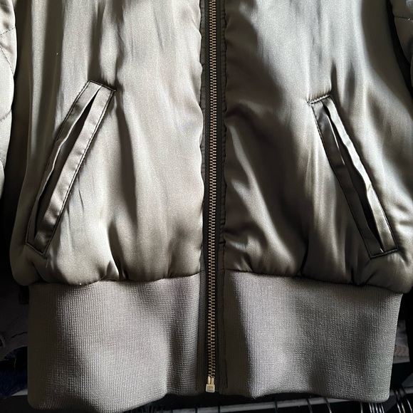 Khaki Green Fitted Satin Bomber Jacket - Picture 3 of 8